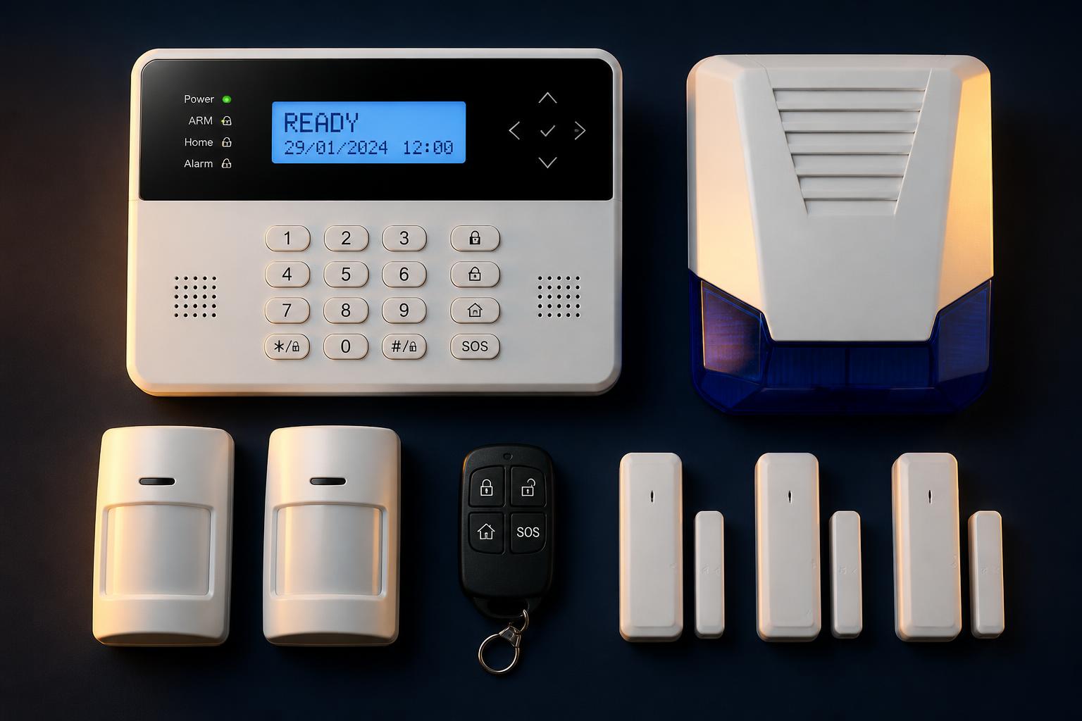 Intruder alarm control panel, sirens, PIR sensors and door contacts