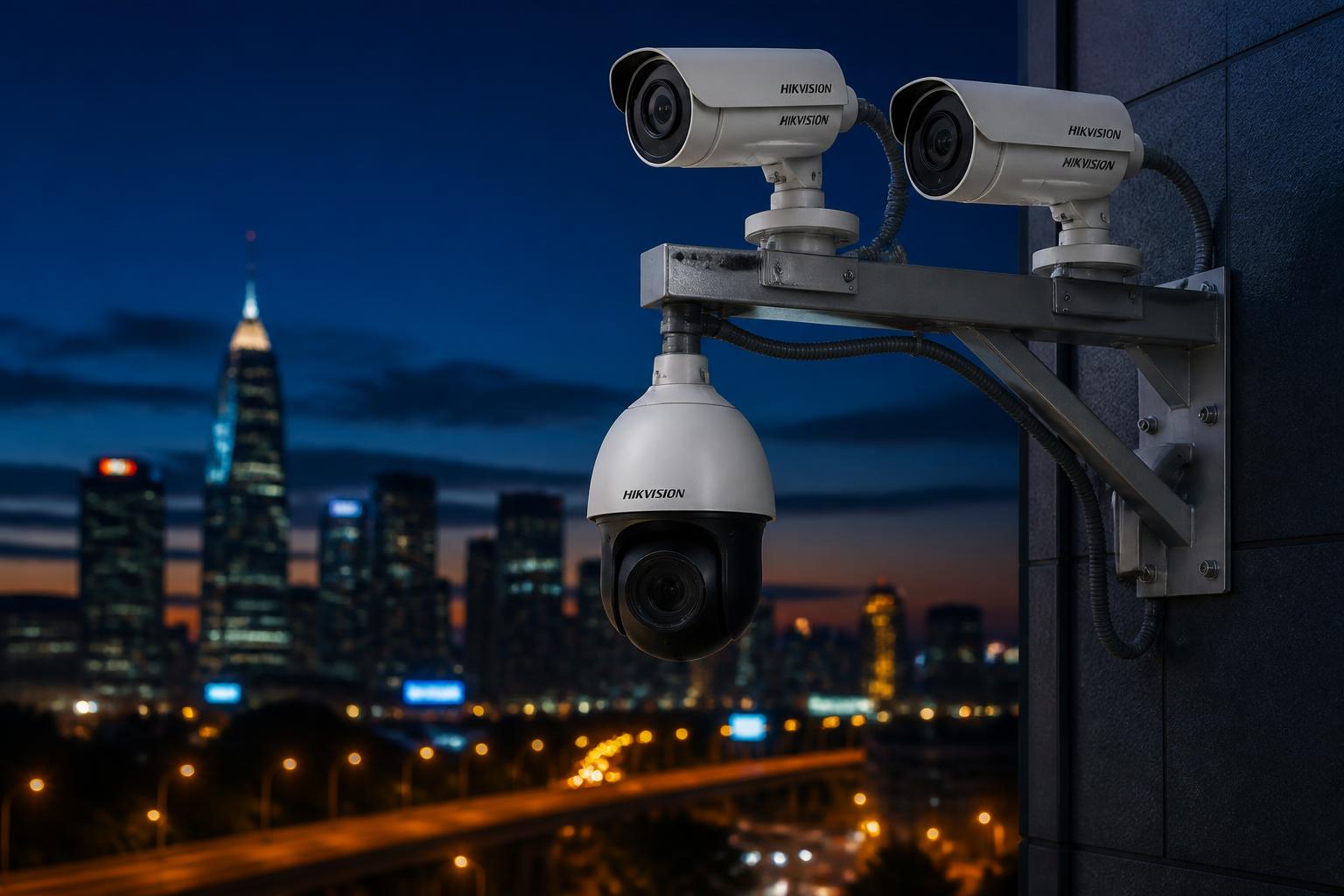Exterior CCTV camera cluster mounted on a building at dusk